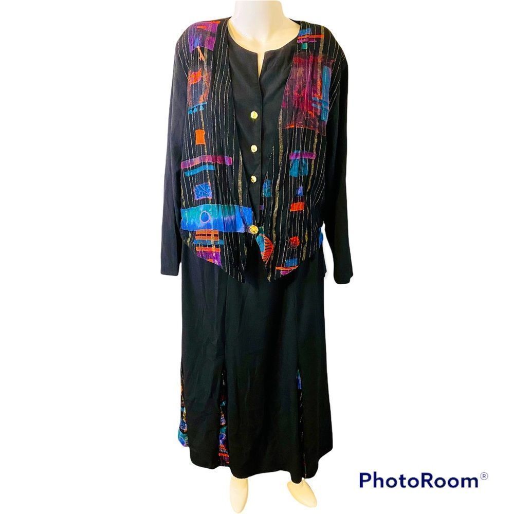 Vintage 80s CM shapes multi color abstract print 2 piece skirt top set